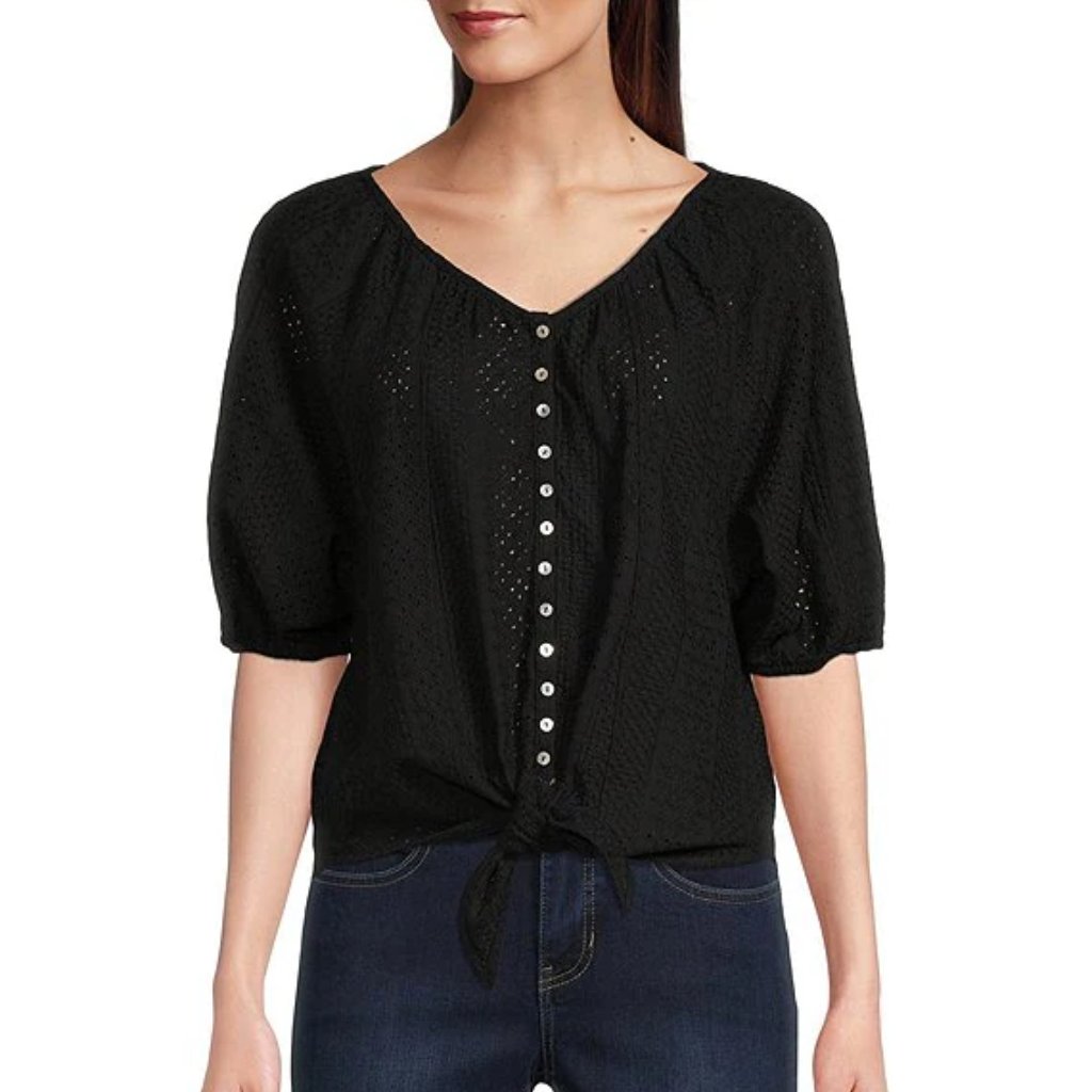 Skye's The Limit Black Eyelet Button-Front Tie Hem Blouse